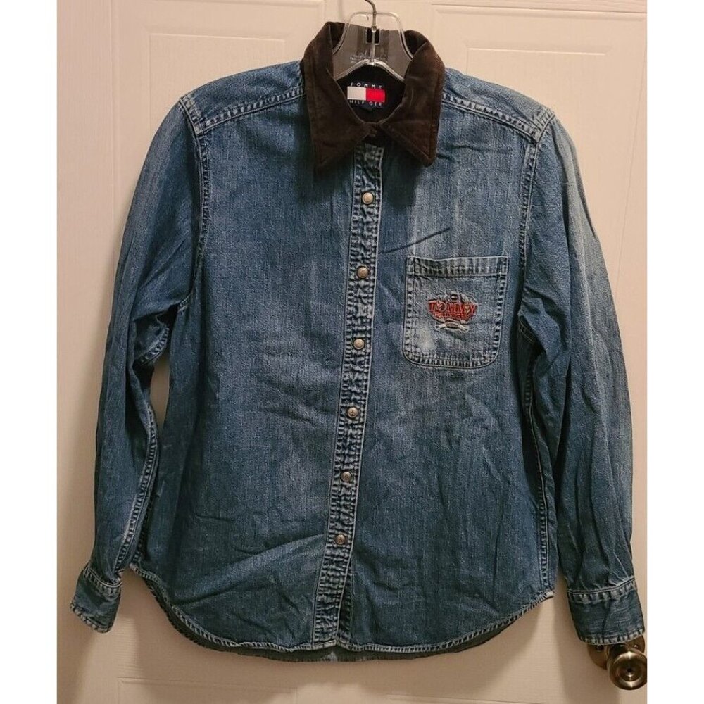 Vtg 90s Tommy Hilfiger Women's Snap Button Velvet Collar Blue Denim Shirt Size 4